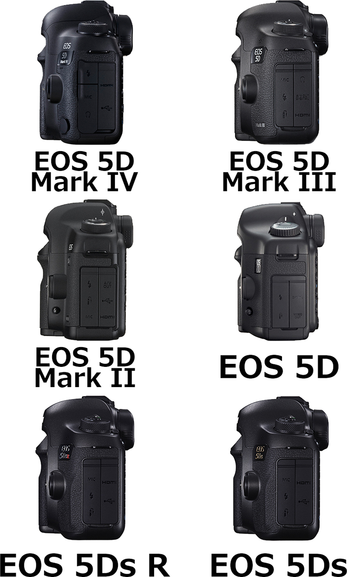 左側 EOS 5Dシリーズ(EOS 5D、EOS 5D Mark II、EOS 5D Mark III、Mark IV、EOS 5Ds、EOS 5Ds R)