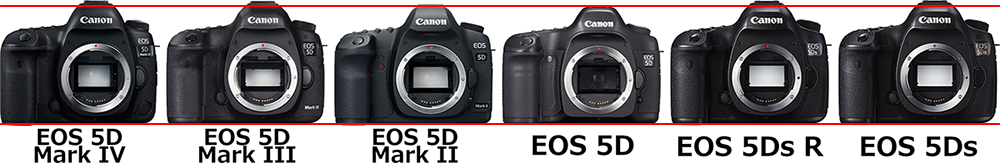 正面横並び EOS 5Dシリーズ(EOS 5D、EOS 5D Mark II、EOS 5D Mark III、Mark IV、EOS 5Ds、EOS 5Ds R)