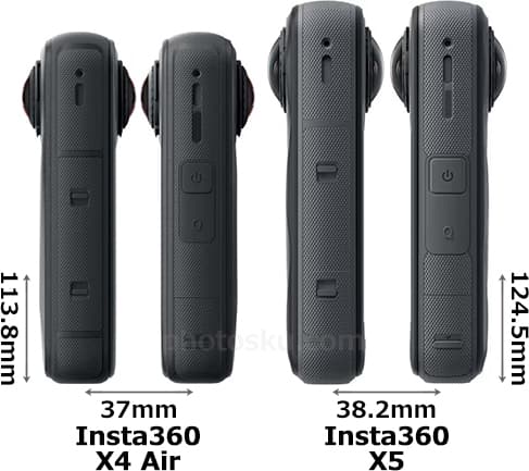 「Insta360 X4 Air」と「Insta360 X5」の側面(左側・右側)比較