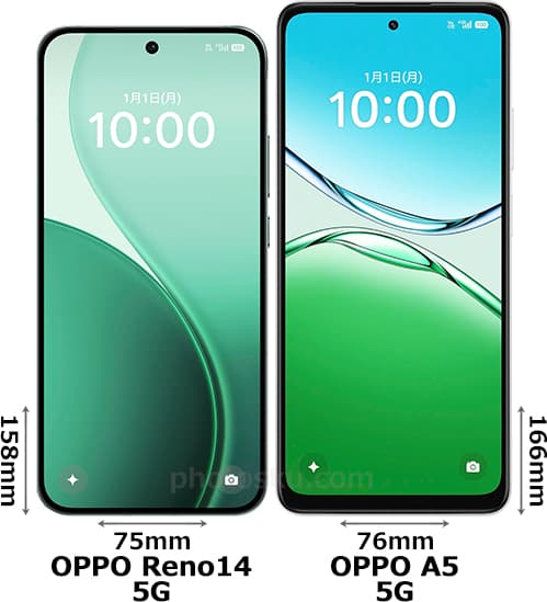 OPPO Reno14 5G」と「OPPO A5 5G」の違い - フォトスク