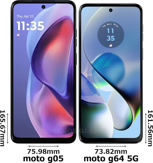 「moto g05」と「moto g64 5G」の正面比較