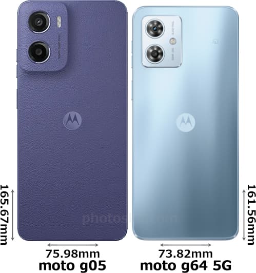 「moto g05」と「moto g64 5G」の背面比較