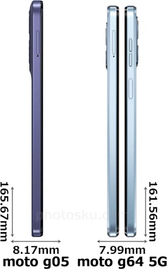 「moto g05」と「moto g64 5G」の側面(左側・右側)比較