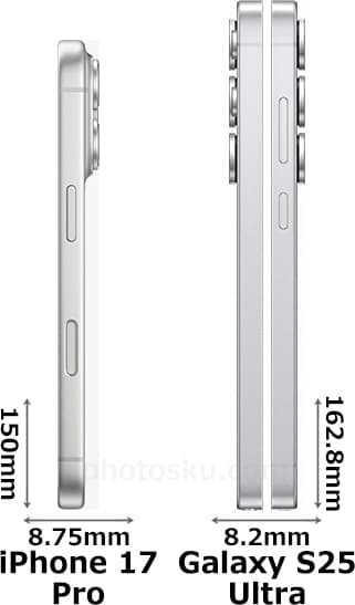 「iPhone 17 Pro」と「Galaxy S25 Ultra」の側面(左側・右側)比較