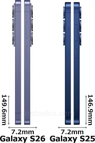 「Galaxy S26」と「Galaxy S25」の側面比較