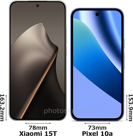 「Xiaomi 15T」と「Pixel 10a」の正面比較