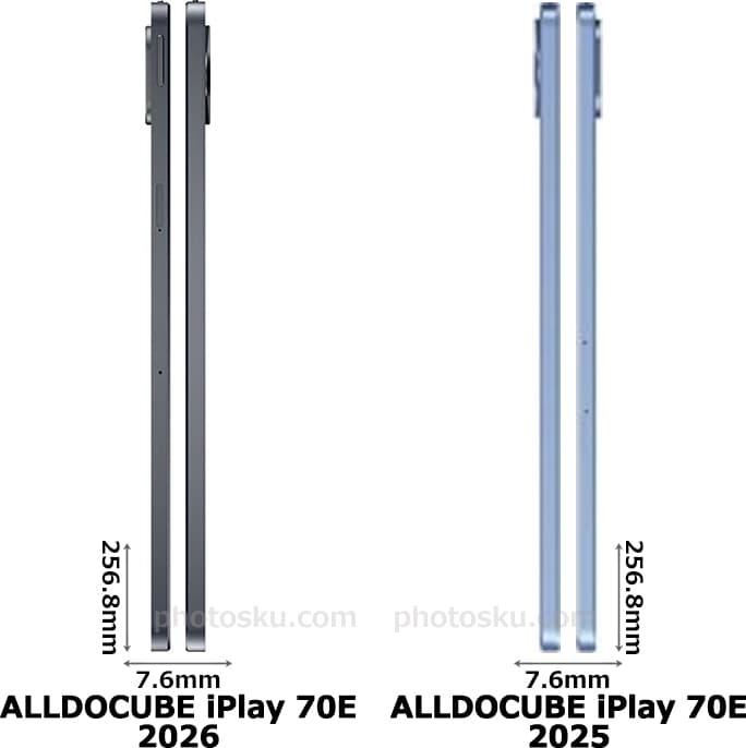 「ALLDOCUBE iPlay 70E 2026」と「ALLDOCUBE iPlay 70E 2025」の側面(左側・右側)比較