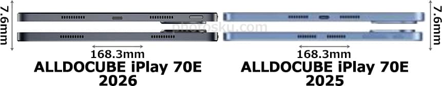 「ALLDOCUBE iPlay 70E 2026」と「ALLDOCUBE iPlay 70E 2025」の上部・底部比較