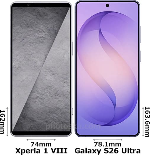 「Xperia 1 VIII」と「Galaxy S26 Ultra」の正面比較