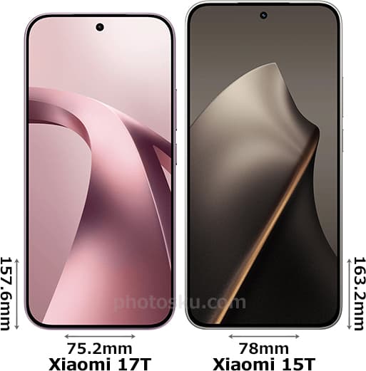 「Xiaomi 17T」と「Xiaomi 15T」の正面比較