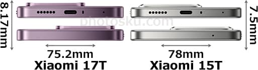 「Xiaomi 17T」と「Xiaomi 15T」の上部・底部比較