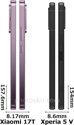 「Xiaomi 17T」と「Xperia 5 V」の側面(左側・右側)比較