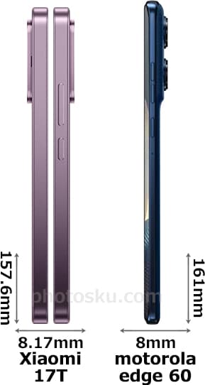 「Xiaomi 17T」と「motorola edge 60」の側面(左側・右側)比較