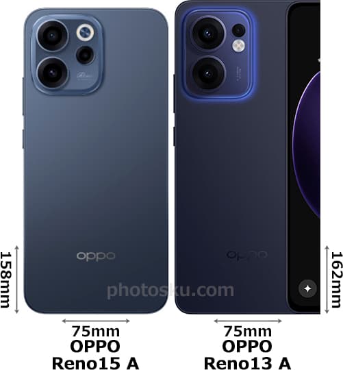 「OPPO Reno15 A」と「OPPO Reno13 A」の背面比較