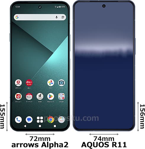 「arrows Alpha2」と「AQUOS R11」の正面比較