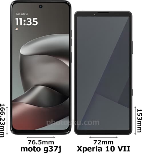 「moto g37j」と「Xperia 10 VII」の正面比較