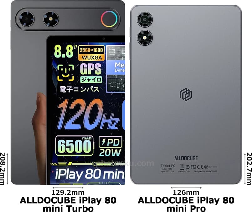 「ALLDOCUBE iPlay 80 mini Turbo」と「ALLDOCUBE iPlay 80 mini Pro」の背面比較