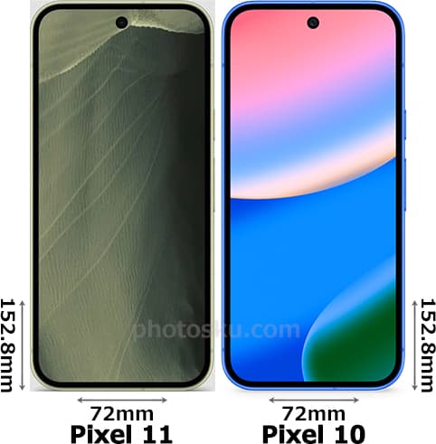 「Pixel 11」と「Pixel 10」の正面比較