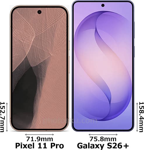 「Pixel 11 Pro」と「Galaxy S26+」の正面比較