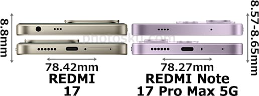 「REDMI 17」と「REDMI Note 17 Pro Max 5G」の上部・底部比較