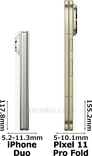 「iPhone Duo」と「Pixel 11 Pro Fold」の側面(左側・右側)比較