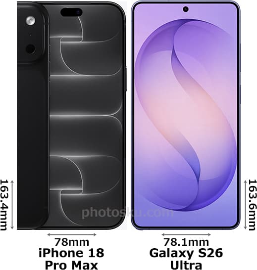 「iPhone 18 Pro Max」と「Galaxy S26 Ultra」の正面比較