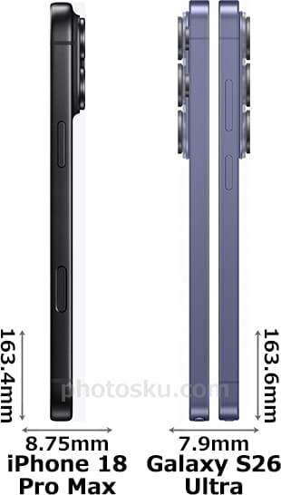 「iPhone 18 Pro Max」と「Galaxy S26 Ultra」の側面(左側・右側)比較