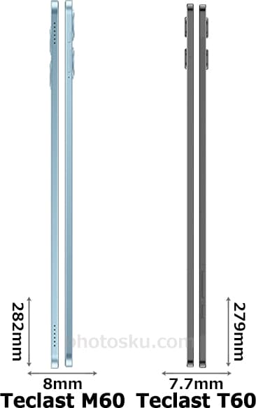 「Teclast M60」と「Teclast T60」の側面(左側・右側)比較