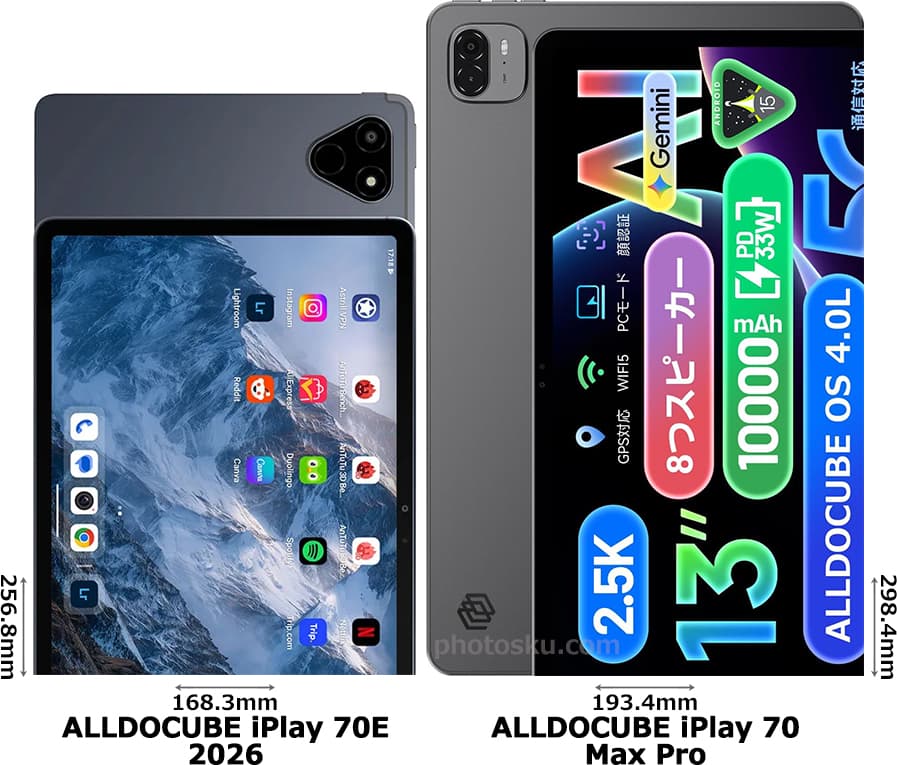 「ALLDOCUBE iPlay 70E 2026」と「ALLDOCUBE iPlay 70 Max Pro」の背面比較