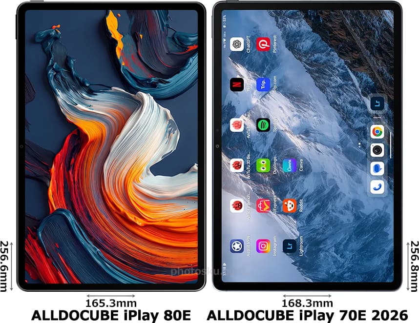 「ALLDOCUBE iPlay 80E」と「ALLDOCUBE iPlay 70E 2026」の正面比較