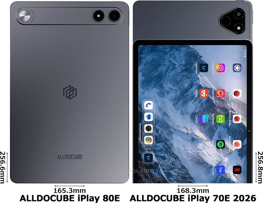 「ALLDOCUBE iPlay 80E」と「ALLDOCUBE iPlay 70E 2026」の背面比較