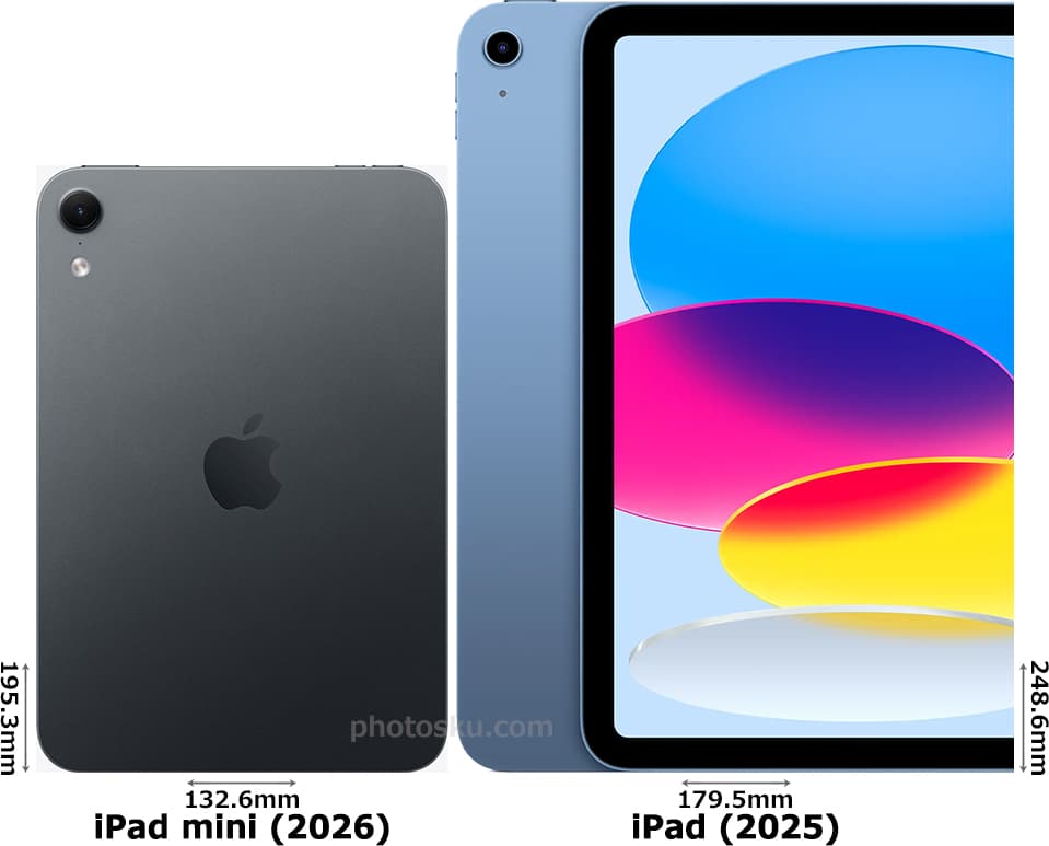 「iPad mini (A20 Pro)」と「iPad (A16)」の背面比較
