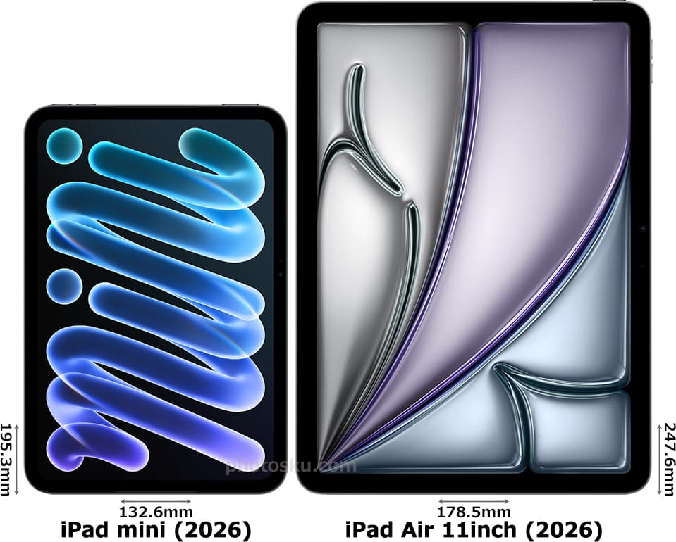 「iPad mini (A20 Pro)」と「11インチiPad Air (M4)」の正面比較