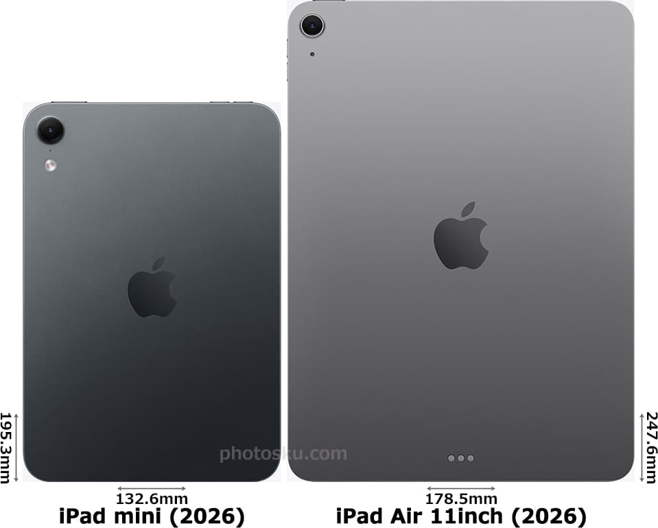 「iPad mini (A20 Pro)」と「11インチiPad Air (M4)」の背面比較
